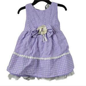 Rare Editions Baby Girl Eyelet Dress Purple Embroidered Polka Dot Flower Trim
